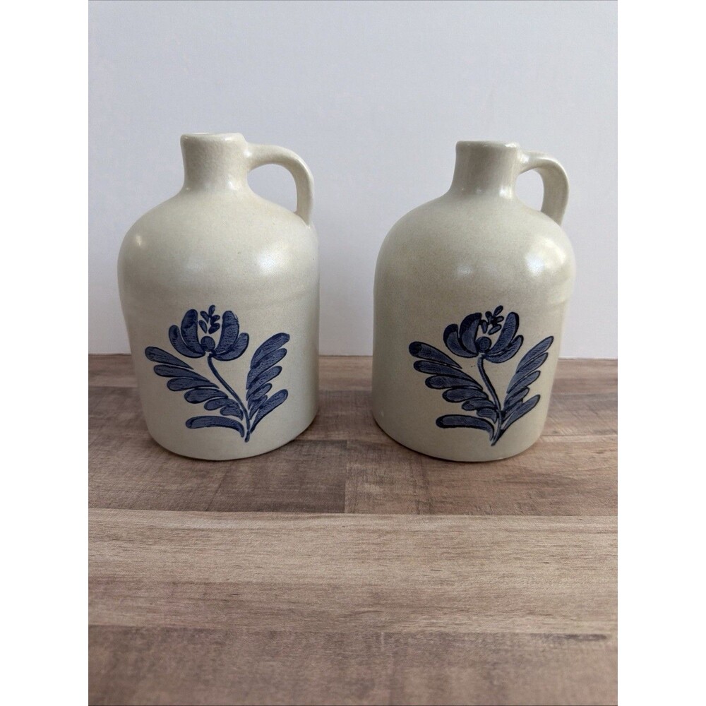 Set Of 2 Pfaltzgraff Yorktowne Crock 7” Whiskey Jug Blue Flower Glazed 563Y